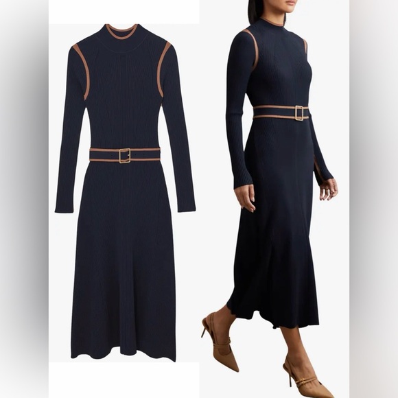 NEW REISS Ella Color Blocked Knitted Belted Midi Navy/Caramel Dress sz M - Picture 2 of 7